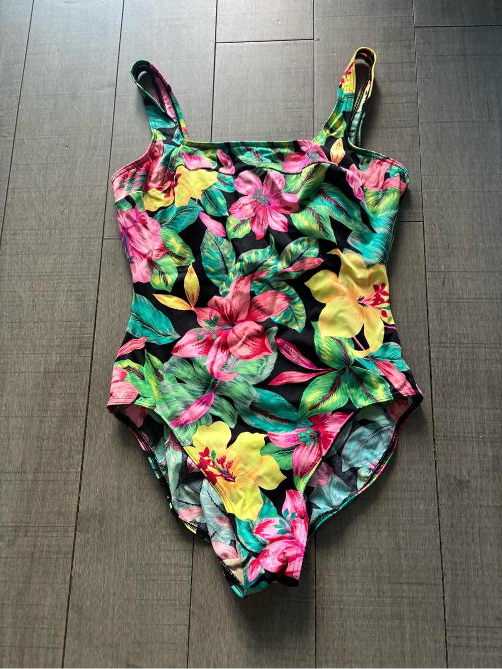 2 for $20- Vintage Women's One Piece Swimsuit- Black Vibrant Neon Floral Print